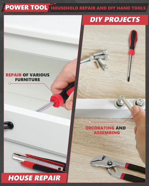 Ultimate 286 Piece Home And Auto Repair Tool Set with screwdriver and pliers used for furniture repair and DIY projects