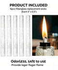 Six Pack 5.1 Inch Fiberglass Wicks For Tiki Torches And Oil Lamps displayed with burning wick in lamp