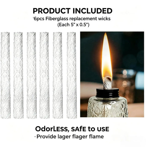 Six Pack 5.1 Inch Fiberglass Wicks For Tiki Torches And Oil Lamps displayed with burning wick in lamp