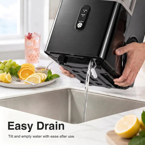 Countertop Nugget Ice Maker Cranks Out 35 Pounds Of Snap Bubble Ice Daily compactly draining water into sink.