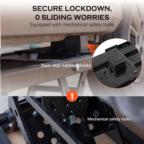 Close-up of Heavy Duty Portable Car Hoist With Rock Solid Mechanical Locks, showing non-slip rubber blocks and mechanical safety locks.