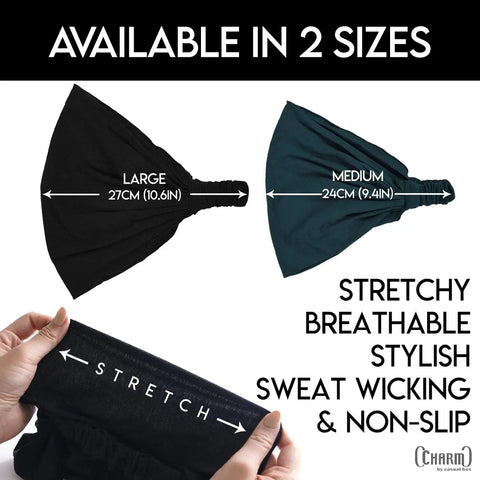 No Slip Sweat Wicking Headband For Men Japanese Style Bandana Black Size M Elastic Fit, stretch demonstration, two size options