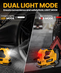 Cordless Tire Inflator Air Compressor With 160 PSI showing dual LED and SOS light modes beside a car tire