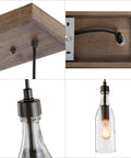Close-up of Three Light Wooden Pendant Light With Height Adjustable Clear Bottle Glass Shades showing wooden canopy and cords detail.