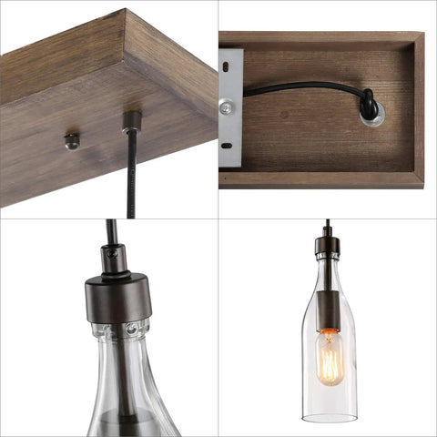 Close-up of Three Light Wooden Pendant Light With Height Adjustable Clear Bottle Glass Shades showing wooden canopy and cords detail.