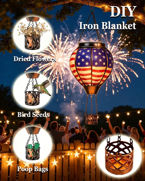 Solar Hot Air Balloon Lantern With Flickering Flame, Glass Outdoor Hanging Lantern With American Flag Accent at Night Event