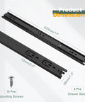 Buttery Smooth Steel Drawer Slides 17 Inch Full Extension Side Mount Two Pack With Heavy Duty Ball Bearing Rails And Black Finish For Easy Cabinet Upgrade Includes Hardware product dimensions with mounting screws and black guide rails.