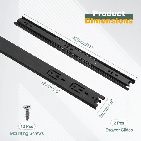 Buttery Smooth Steel Drawer Slides 17 Inch Full Extension Side Mount Two Pack With Heavy Duty Ball Bearing Rails And Black Finish For Easy Cabinet Upgrade Includes Hardware product dimensions with mounting screws and black guide rails.