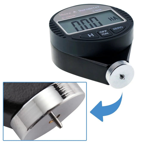Pocket Size Shore A Hardness Meter Durometer 0-100HA Digital Tester With Large LCD Display For Rubber Leather Resin Fiber Glass Wax And More Ideal For QC And Material Testing. close-up with indenter