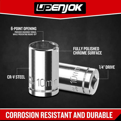 Two Piece One Quarter Inch Drive 10mm Socket Set Shallow Profile Mirror Finish CRV Steel Six Point Design For Hard to Reach Fasteners Great For Auto Motorcycle Bike Maintenance And DIY Projects