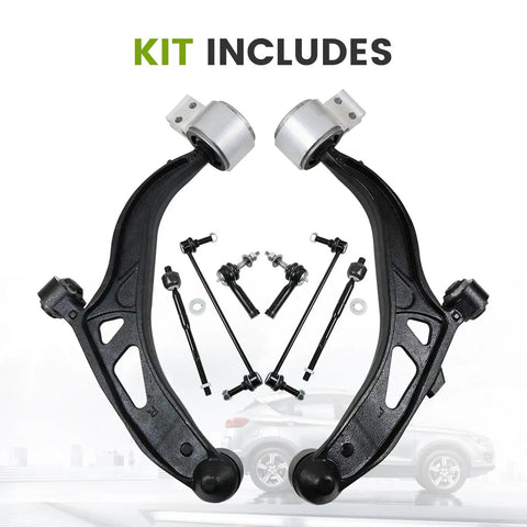 Beefed Up 8 Piece Front Lower Control Arm With Ball Joint Suspension Kit For Ford Explorer 2011 To 2017 And Ford Police Interceptor Utility 2013 To 2017 Includes Outer Inner Tie Rod Ends And Sway Bar Links, kit parts view