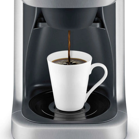 Grind Control Coffee Maker With Built In Grinder, Brushed Stainless Steel, brewing coffee into a white mug, front view