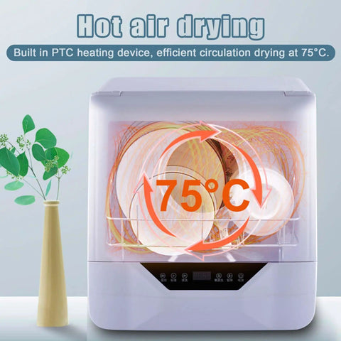 Portable Countertop Dishwasher For Busy Households Featuring Four Cycle Settings And Turbo Hot Air Dryer Holds Up To Twenty Pieces With Zero Hassle Quick Cleanup showing hot air drying at 75°C.