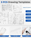 Pro Level Drafting Tools And Geometry Set 21 Piece Architecture Kit with 5 drawing templates for designs.