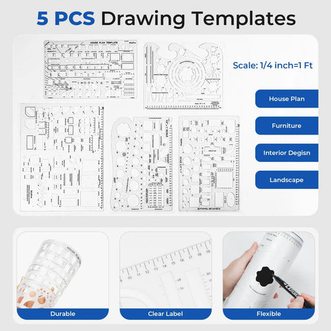 Pro Level Drafting Tools And Geometry Set 21 Piece Architecture Kit with 5 drawing templates for designs.