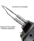 Close-up of the Fast Heat Soldering Gun Kit tip showing stainless steel barrel, perfect for auto and electronics fixes.