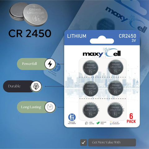 Straight Up Reliable Cr2450 Lithium Coin Cell Battery 3 Volt DC Power DL2450 in 6 pack for watches and fitness trackers.