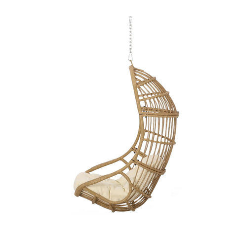 Side view of Mariah Wicker Hanging Chair With Cushion For Indoor Outdoor Chill Lounger, Modern Boho Style In Light Brown And Beige.