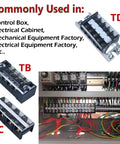 Rugged Dual Row Terminal Block Strips With Clear Safety Shield Tight Grip 15 Amp 660 Volt Wire Connectors four positions visible in wiring setup.
