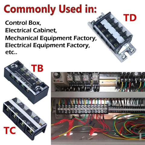 Rugged Dual Row Terminal Block Strips With Clear Safety Shield Tight Grip 15 Amp 660 Volt Wire Connectors four positions visible in wiring setup.
