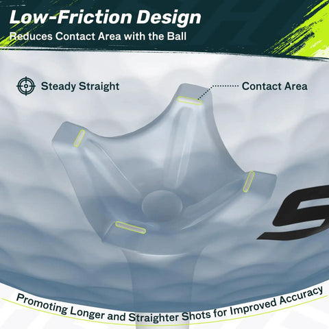 Close-up of low-friction design on Premium Pro Grade Plastic Golf Tees 100 And 50 Pack With One And A Half Inch And Three And A Quarter Inch Lengths Engineered To Reduce Friction And Side Spin Durable Shaft Ideal Gift For Golfers.