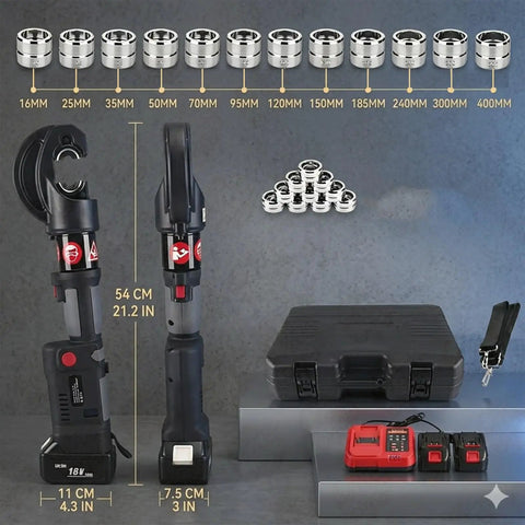 Image showing 120KN Electric Hydraulic Lug Crimping Tool 12 Dies 6-400MM² Kit With Dual 18V Batteries and charger.
