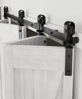 Bi Folding Sliding Barn Door Hardware Kit For Four Doors, 48 Inch Black Track With J Shape Rollers, installed close-up