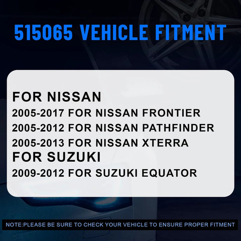 Vehicle fitment chart for Nissan Frontier, Pathfinder, Xterra 2005-2015 and Suzuki Equator 2009-2012 for Six Lug Wheel Hub Assembly 515065.