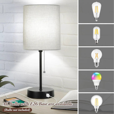 Two Pack 17.3 Inch Table Lamps With USB Ports And AC Outlet For Bedside Nightstands featuring modern gray fabric shade and pull chain switch