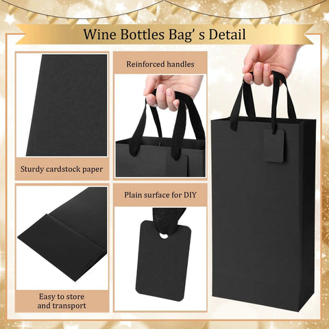 100 Pack Durable Black Paper Wine Carry Bags For Two Bottles Premium Gift Carriers With Free Labels showcasing sturdy cardstock, reinforced handles, and a plain surface.