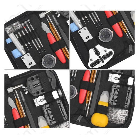 151 Piece Watch Repair Tools Kit with spring bar pins, case back opener, and band tools displayed in a compact case