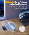 10 Foot Flat Extension Cord And Surge Protector Power Strip With Six Wall Outlets Dual USB A Plus Single USB C Charger Wide Plug Clearance and Hella Reliable Power Distribution with 1050 Joules protection.