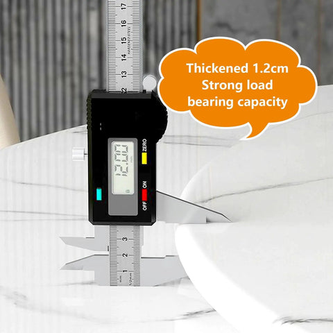 Holy Grail 360 Degree Rotating Serving Tray Heavy Duty Stone Lazy Susan Turntable With Flawless Spin next to a digital caliper measuring thickness.