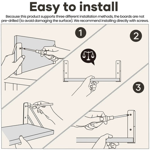 Illustration showing easy wall mounting instructions for Rustic Wood Floating Wall Shelves Set Of Four Corner Shelves.