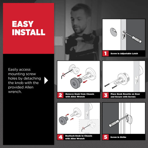 Easy install diagram for Interior Privacy Door Knob With Lock For Bedroom And Bathroom, Matte Black Doorknob With Keyless Turn Lock