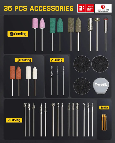 Mini Cordless Rotary Tool Kit With NeoPulse Motor And Revostor Hub, 35 accessories for sanding, polishing, drilling, carving.
