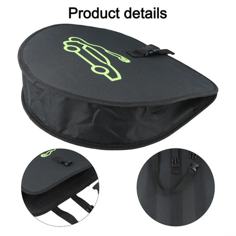 Heavy Duty Electric Vehicle Charging Cable Organizer Bag With Secure Seat Back Straps stores 5 to 15 meters of cords, rugged black fabric.