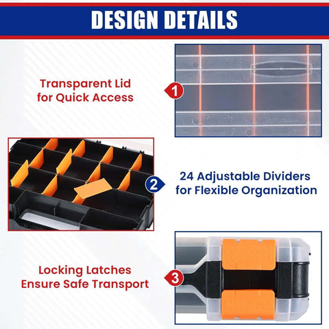 Double Sided Small Parts Organizer Box With 34 Compartments And Removable Dividers For Screws Nuts Bolts Nails Hardware Tools Crafts Tackle 1 Pack Pro Grade Heavy Duty with transparent lid, adjustable dividers, and locking latches.