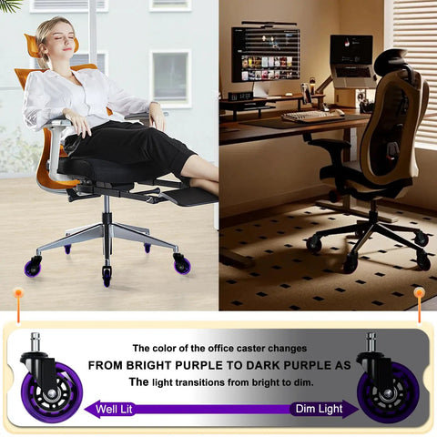Office Chair Wheels Replacement Set Of 5 3 Inch Rubber Casters With Soft Non Marking Polyurethane Glide For All Floors Including Hardwood And Carpet Quiet Smooth Rolling Game Changer Purple Finish; purple caster wheel color change from bright to dim.