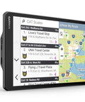 Side view of OTR1020 Renewed 10-Inch GPS Truck Navigator with high-res map display showing route options on screen.