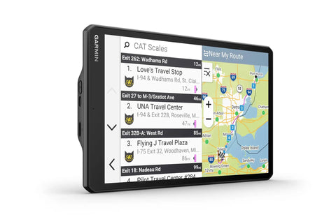 Side view of OTR1020 Renewed 10-Inch GPS Truck Navigator with high-res map display showing route options on screen.