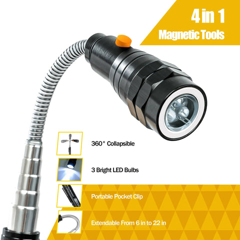 Side view of LOCONHA magnetic pickup tool with LED flashlight; black metal body, orange button, flexible steel neck.