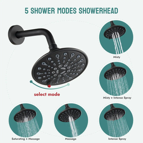 5 shower modes of 8 Inch Rainfall Shower System With Adjustable Circular Head Wall Mount Curved Extension Arm Pressure Balance Valve Matte Black Finish Single Function High Flow Easy Install Shower Upgrade For Modern Bathrooms displayed with misty and massage options