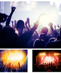 Crowd enjoying a live music concert with vibrant stage lights, silhouettes of raised hands, and a lively atmosphere.