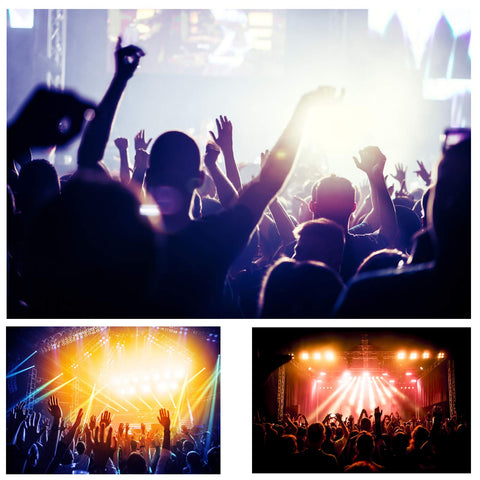 Crowd enjoying a live music concert with vibrant stage lights, silhouettes of raised hands, and a lively atmosphere.