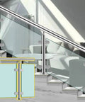 Heavy Duty Adjustable Stainless Steel Glass Railing Posts Flat Out Perfect For Securing Patios Decks And Walkways With A Smooth Clean Fit And Zero Hassle, showcased on a staircase.