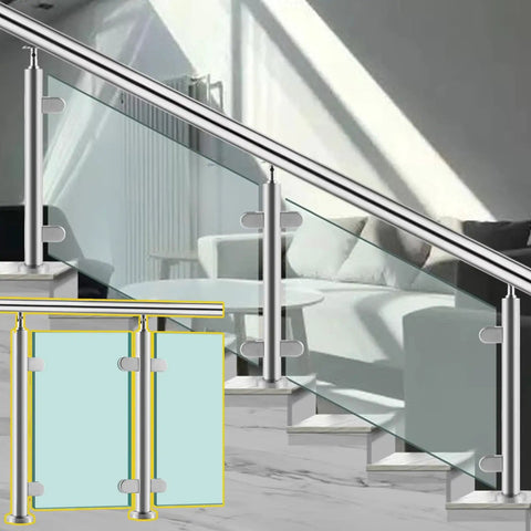 Heavy Duty Adjustable Stainless Steel Glass Railing Posts Flat Out Perfect For Securing Patios Decks And Walkways With A Smooth Clean Fit And Zero Hassle, showcased on a staircase.