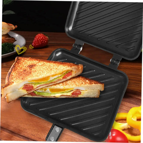 Kickstart Your Morning With This Dual-Sided Electric Mini Griddle And Waffle Maker Featuring A Non-stick Coating, Ergonomic Handle For Easy Grip, And Even Heat Distribution. Perfect Pancakes, Eggs, Or Grill veggies In No Time With Versatile Kitchen showing toasted sandwich with fillings on non-stick plates.