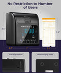 No Sweat Time Clock Machine With Fifty Heavy Duty Cards Plus Spare Ink Ribbon Wall Or Desk Mount showing digital display and anti-slip base.