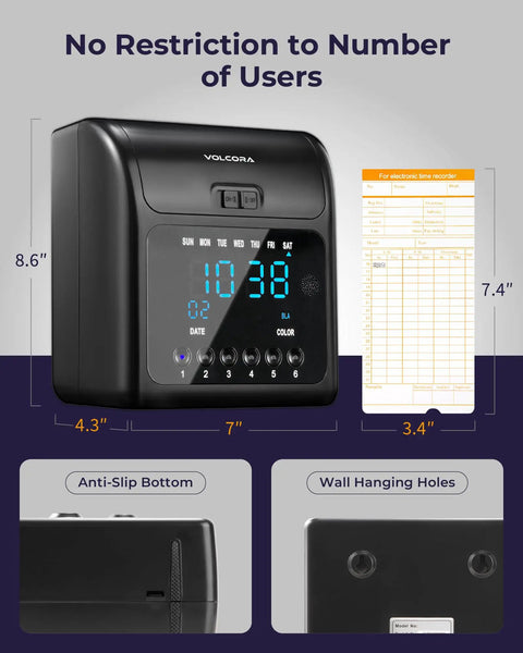No Sweat Time Clock Machine With Fifty Heavy Duty Cards Plus Spare Ink Ribbon Wall Or Desk Mount showing digital display and anti-slip base.